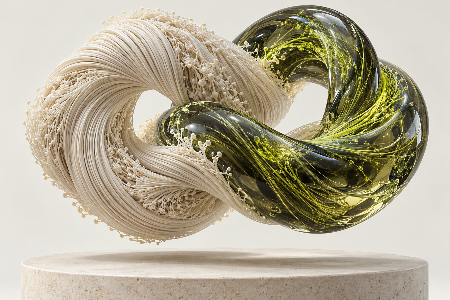 An ivory filament organism and a dark glass organism threaded with green light intertwine into one continuous sculpture.
